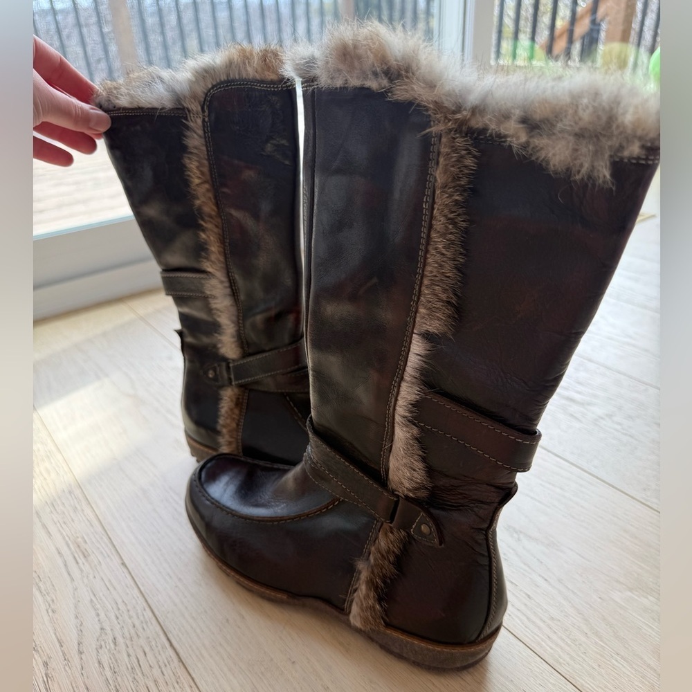 Cinzia Rossi Italian Leather Boots Fur Trim Brown EUC